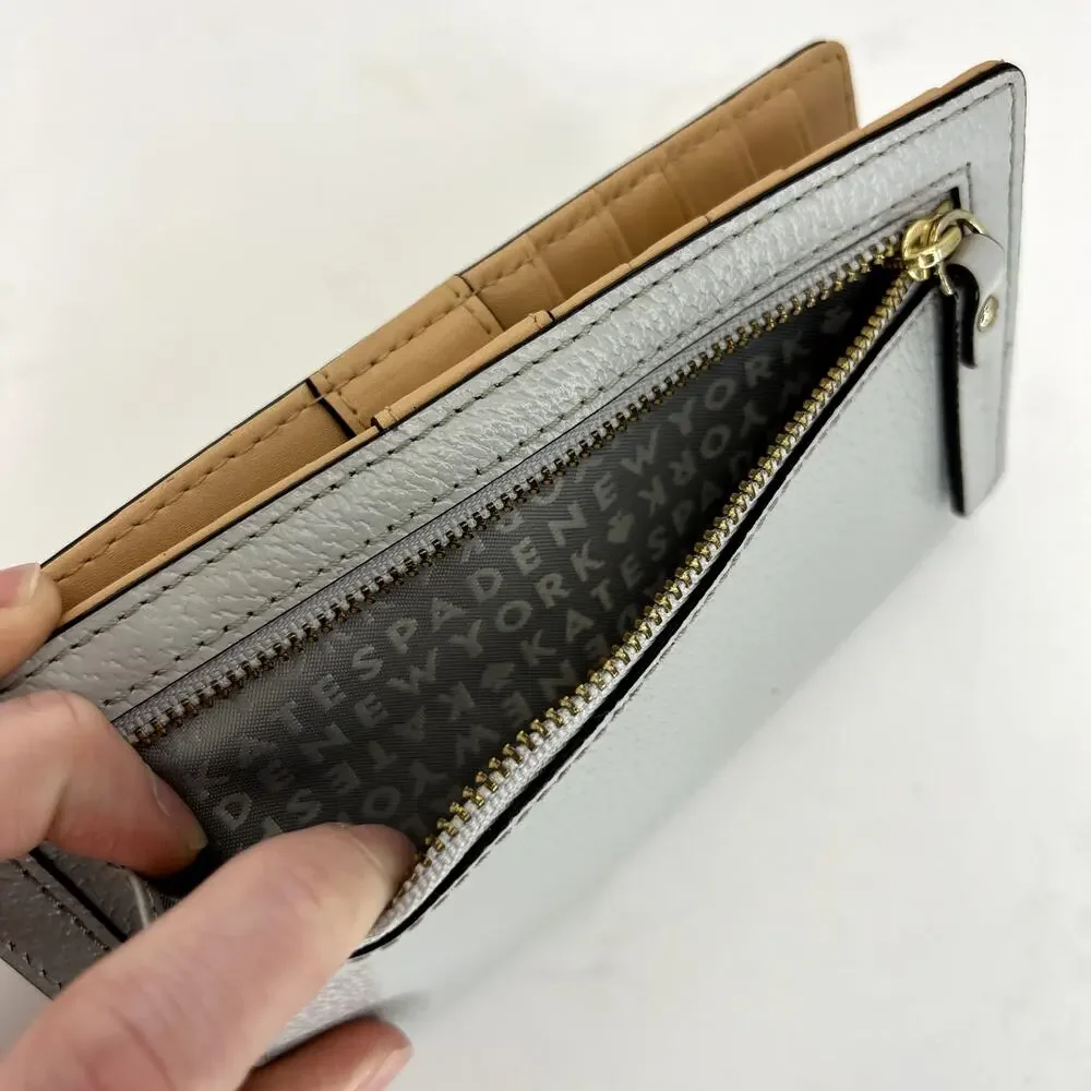 Kate Spade Stacy Wallet Gray Pebbled Leather Bi-Fold Snap Closure Zip Pocket